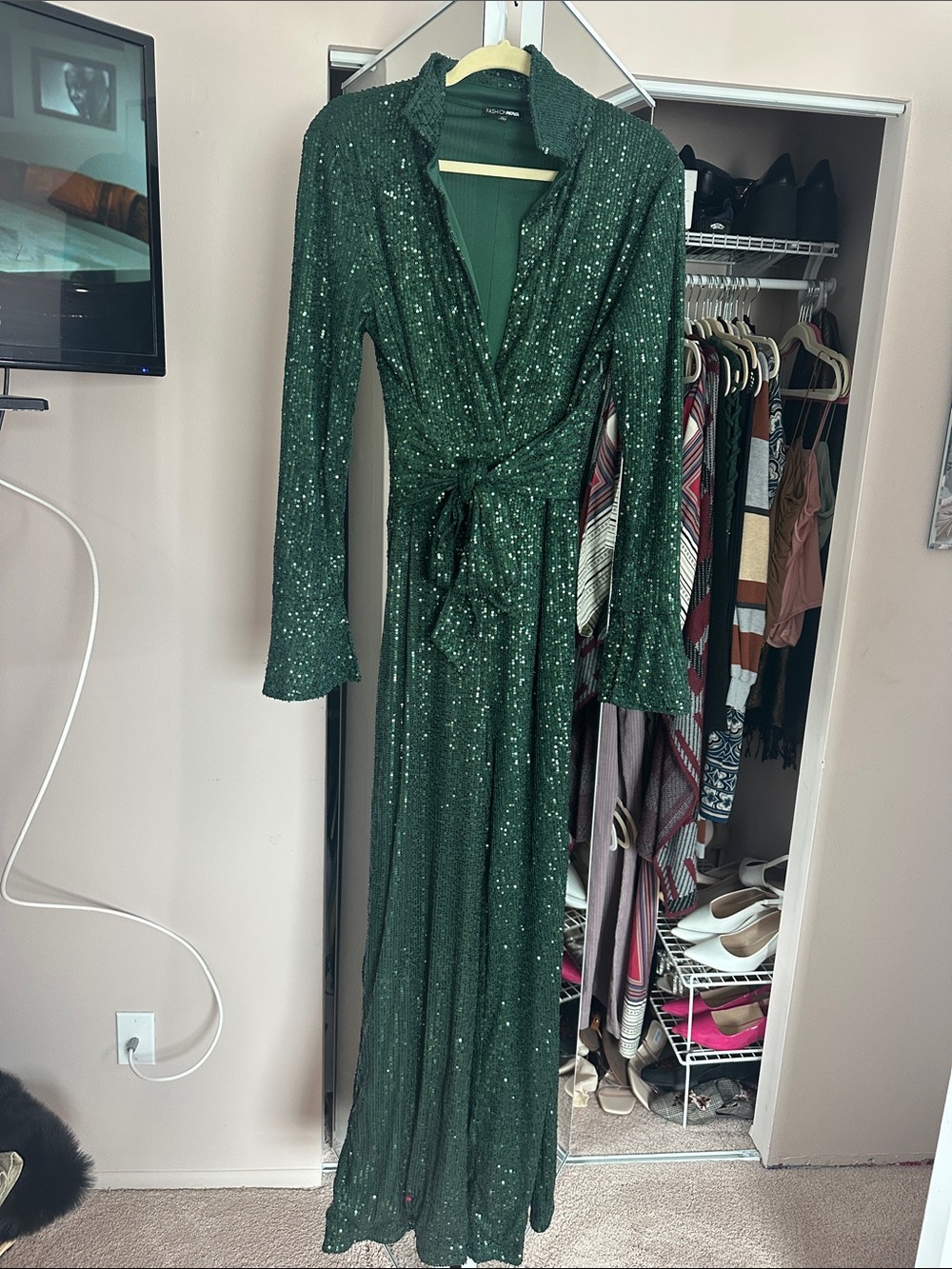 Fashion Nova Emerald Green Sequin Wrap jumpsuit